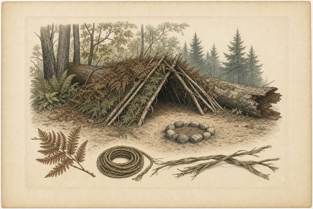 A simple low shelter of leaning branches and bracken built against a fallen trunk in woodland, with a small ring of stones on bare sandy ground before it and coiled cordage of twisted plant fibre.