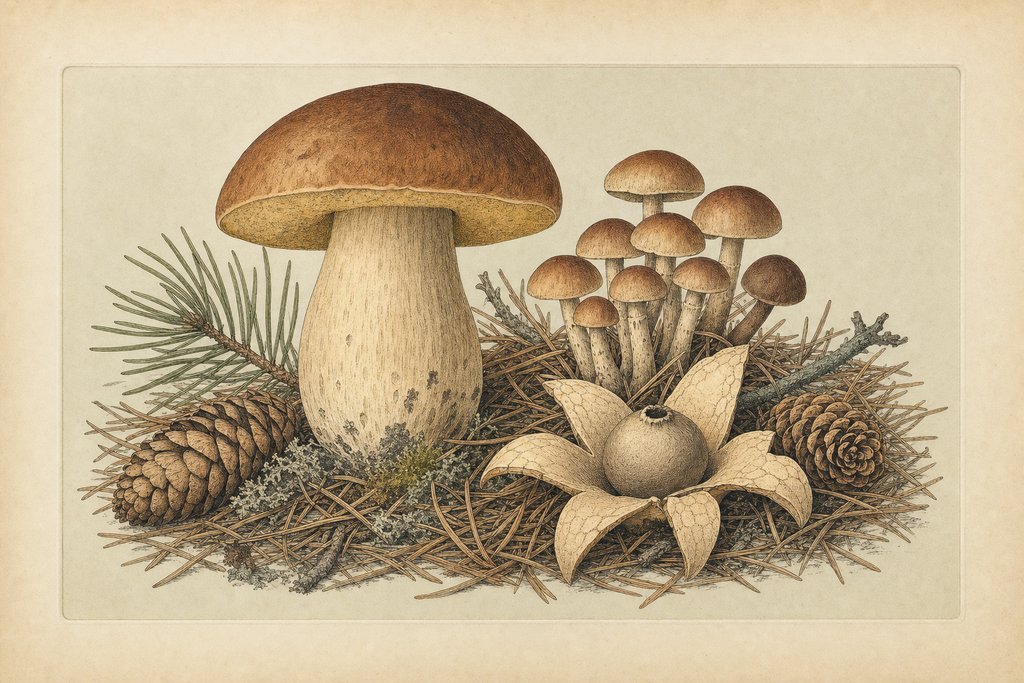 A specimen plate of woodland fungi: a large bolete with a thick stem, a cluster of small brown caps, and an opened earthstar, arranged on pine needle litter with fallen cones.
