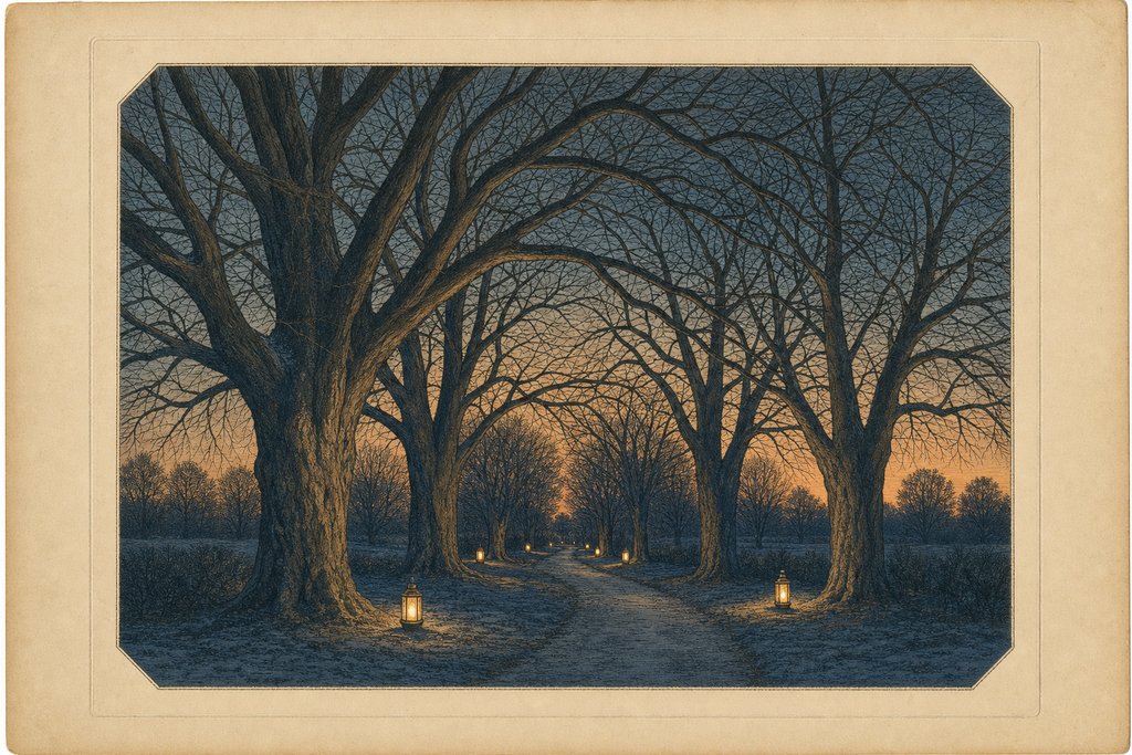 Bare interlacing branches of large specimen trees arching over a path at dusk, with small warm points of lantern light glowing low among the trunks against a deep blue evening ground.