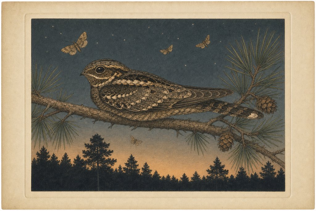 A nightjar perched lengthways along a pine branch against a deep dusk sky, with moths in the air and the silhouetted edge of pine woodland below.