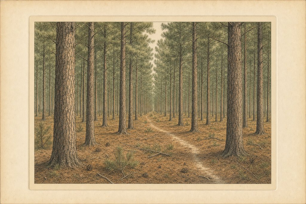 A dense pine plantation interior seen at ground level, with straight ranks of trunks receding in several directions over a needle floor, and a faint narrow path crossing obliquely.
