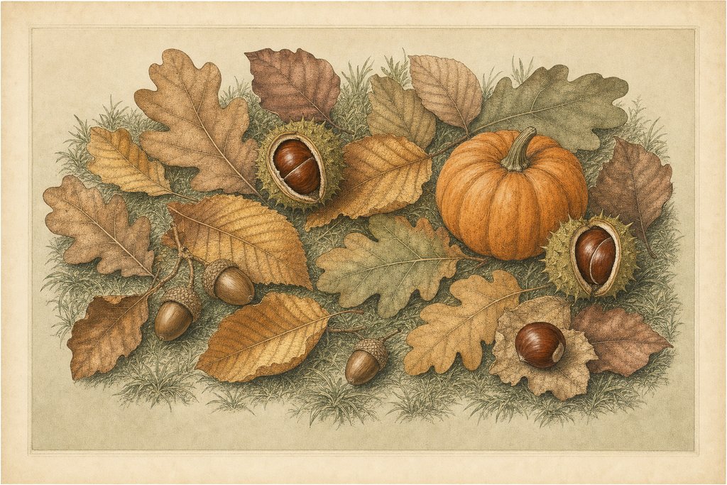 A scatter of fallen oak, beech and sweet chestnut leaves with acorns, conkers in split husks and a small pumpkin resting among them on short grass.