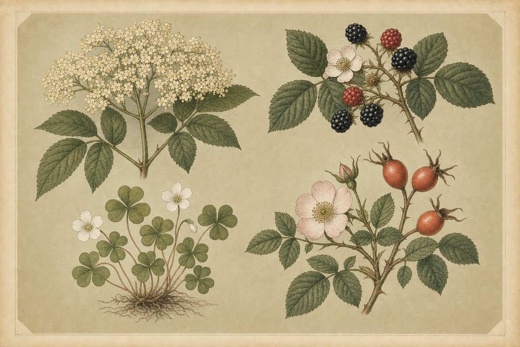 A specimen plate of edible hedgerow and heath plants: elder in flower, blackberry in fruit, wood sorrel and rosehips, arranged as separate botanical studies on a single sheet.