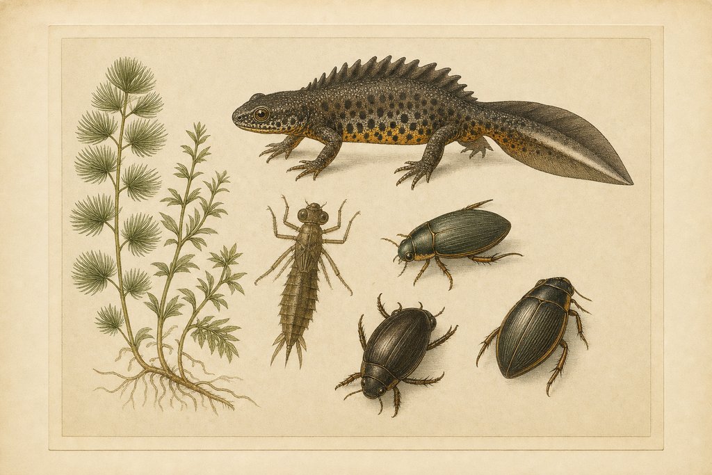 A plate of pond-edge natural history showing a great crested newt, a dragonfly nymph, water beetles and pondweed as separate specimen studies grouped on a single sheet.