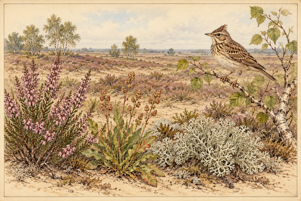 An illustrated plate of open Breckland heath: flowering heather, sheep's sorrel and grey reindeer lichen on sandy ground, a woodlark perched on a birch twig, scattered birches on the horizon.