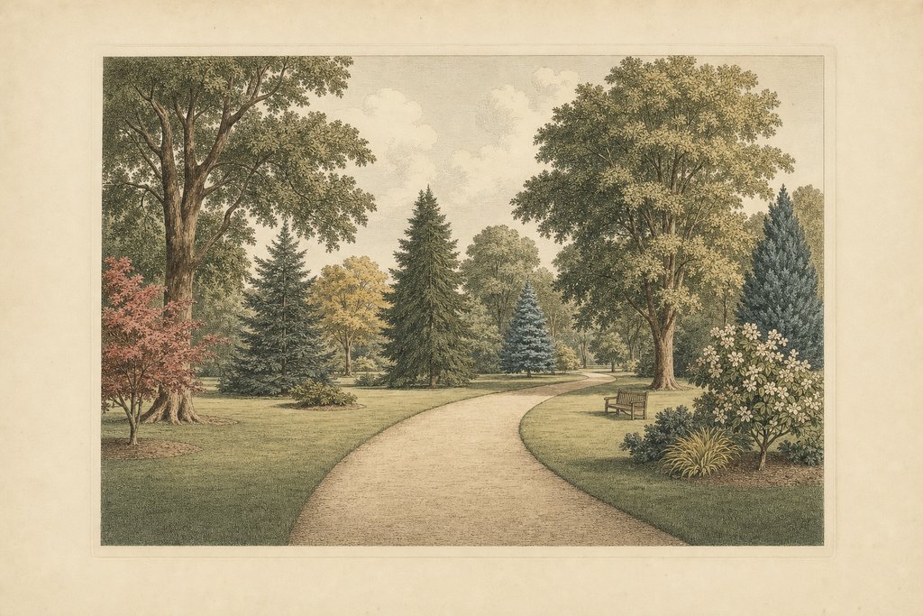 A smooth firm level path curving gently through an arboretum of mature specimen trees, with wide clear margins of short grass and a simple timber bench set back.