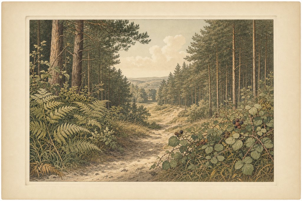 An open sunlit glade within dense pine plantation, bracken and bramble thick at the clearing edge, an undulating sandy track dropping away through the gap.