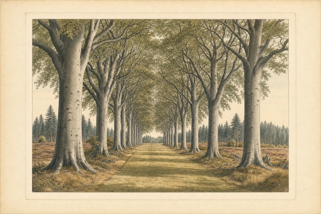 A long straight avenue of very old beech trees with smooth grey trunks and interlacing high branches, the mown ride beneath giving out to rougher ground and pine in the distance.