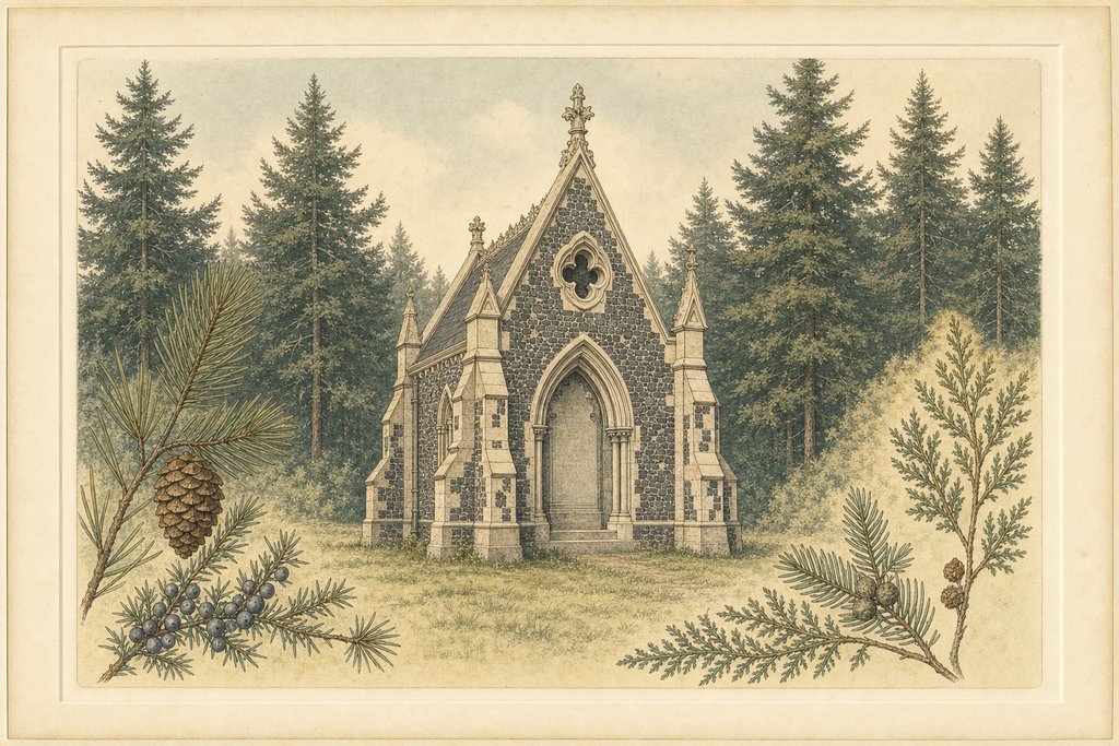 A small austere Gothic revival tomb built of dark knapped flint with pale ashlar dressings, standing alone in a secluded clearing enclosed by tall dense evergreen pines.