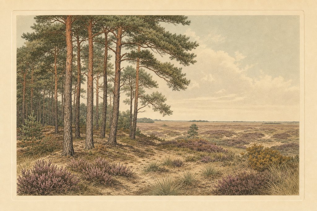 Scots pines along the edge of open Breckland heath, with heather and fine grasses over sandy ground and a low flat horizon beyond.