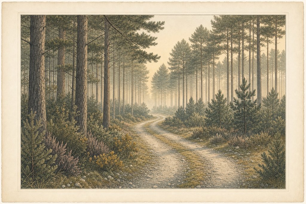 A wide flat forest track bending away through pine plantation in early morning, with long low light and soft mist between the trunks over a firm gravel and grass surface.