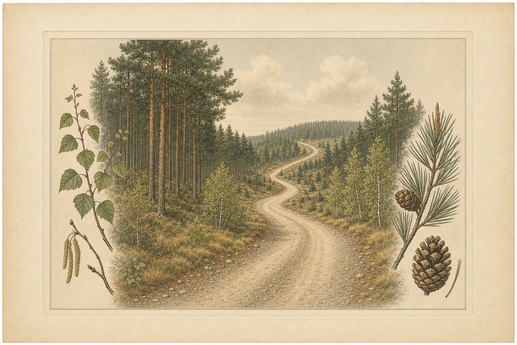 A broad firm forest drive undulating away over low rises through pine plantation, the surface compacted sand and gravel with margins of rough grass and young birch.