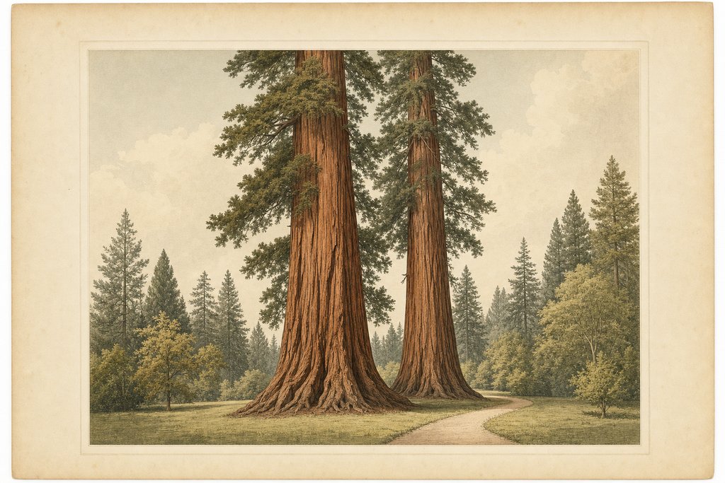 Two enormous giant redwood trees with deeply fibrous reddish bark rising far above the surrounding smaller trees, standing in open mown grass with a firm pale path curving past their base.