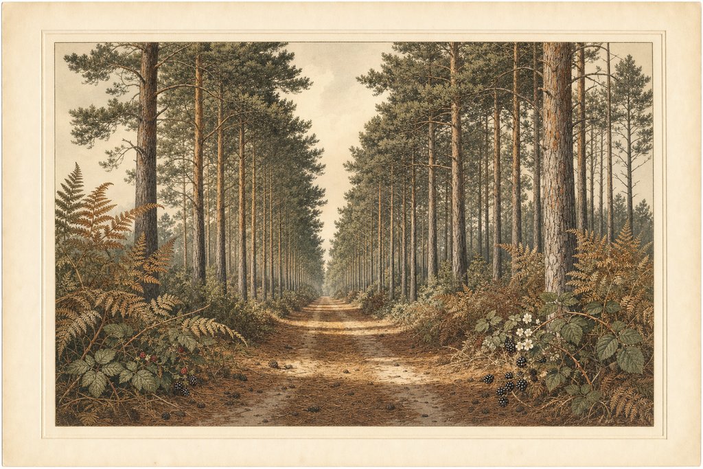 A sandy forest ride running straight between ranks of Scots pine, with deep needle litter underfoot and bracken at the margins.