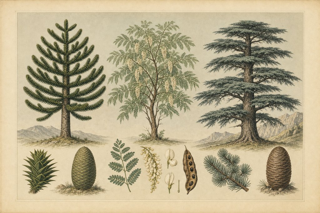 A specimen plate grouping three distinct tree forms: a monkey puzzle with whorled spiny branches, a false acacia with pinnate foliage, and a cedar with flat spreading tiers.