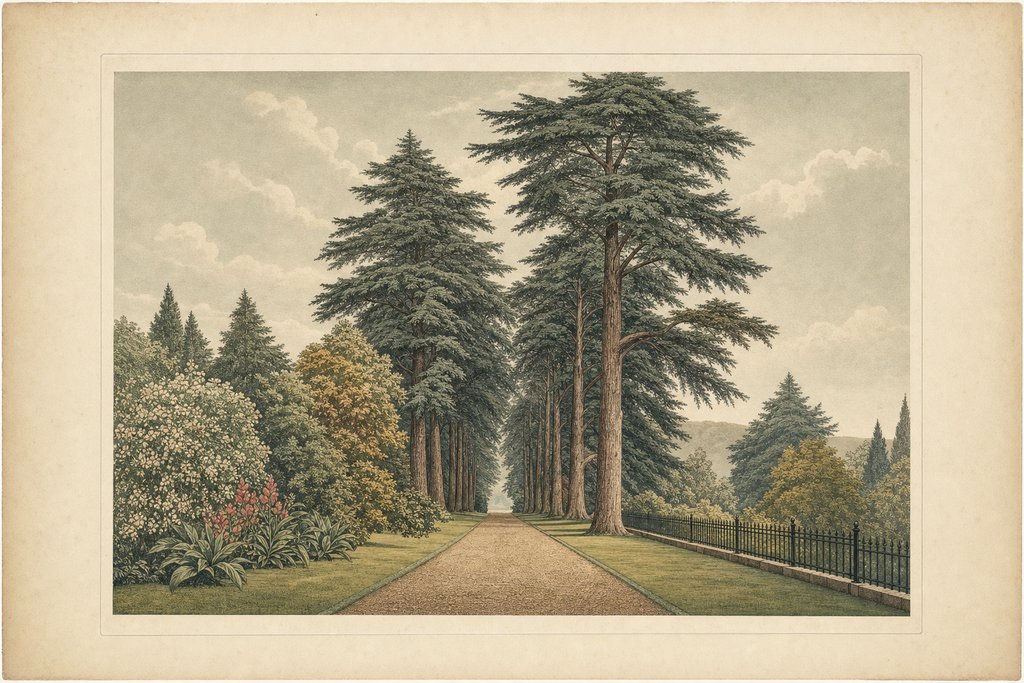 A level bound-gravel drive edged with clipped grass, entering an avenue of tall mature conifers under soft overcast light.