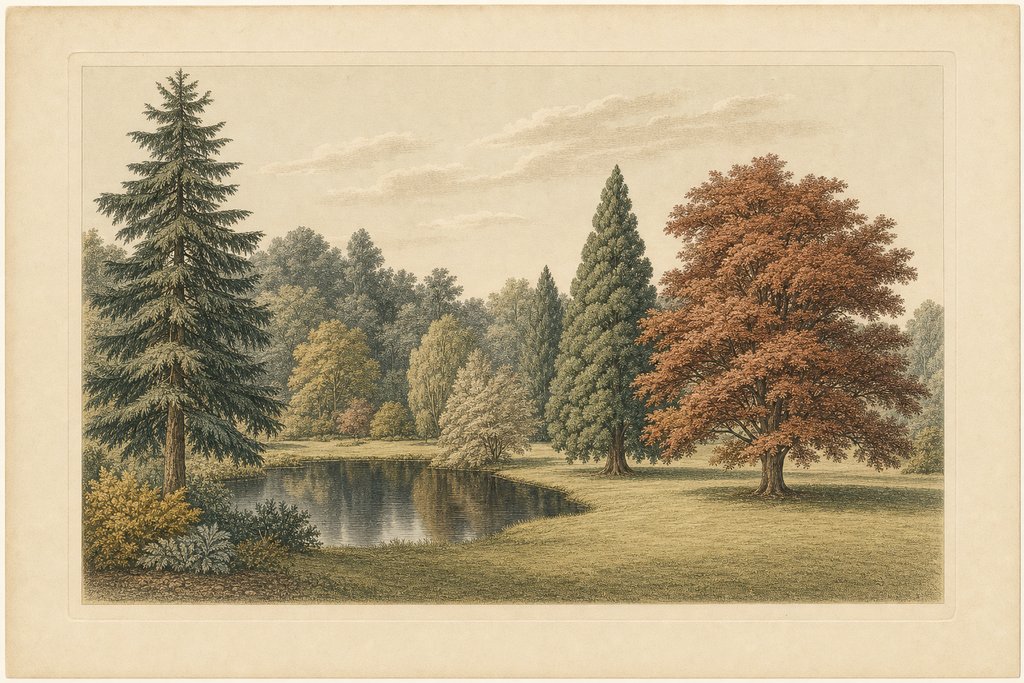 Open mown parkland with a still dark pond, mature specimen conifers and a spreading copper beech standing apart on the grass.